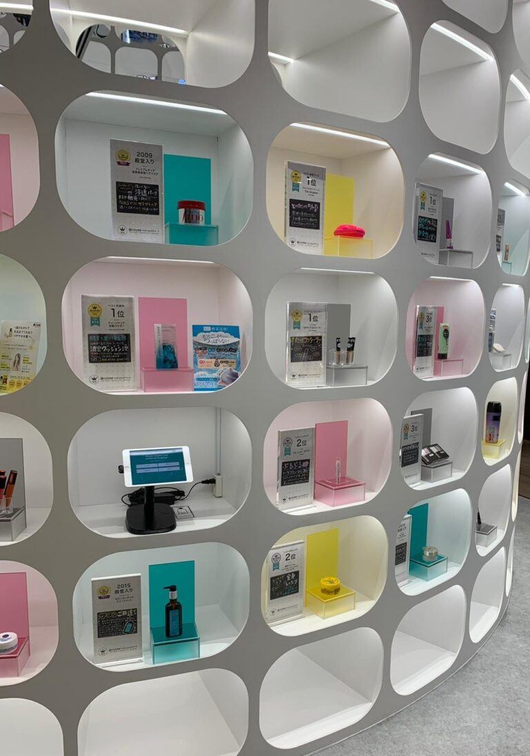 Cosmetics displayed on secure wall