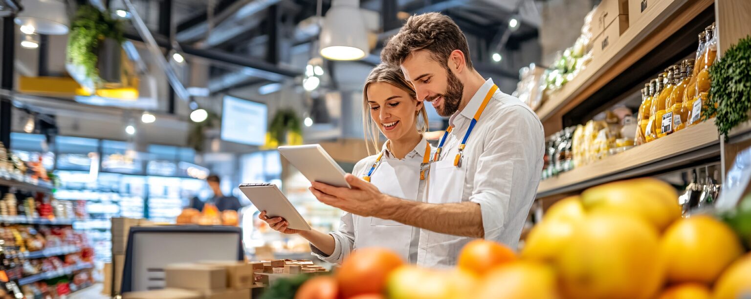 Grocery Store Workers Using a Tablet to Check Inventory