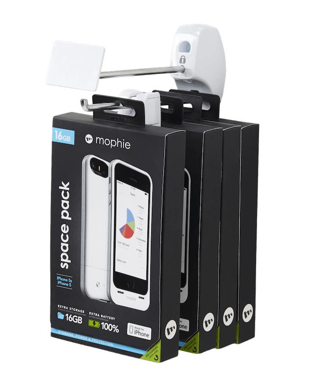 Phone accessory box hanging from an InVue security hook.