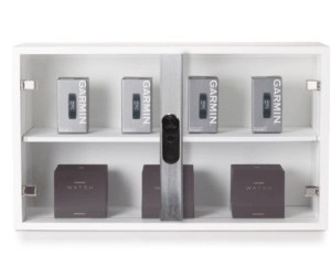 LIVE Plunger Lock on glass cabinets protecting Garmin products