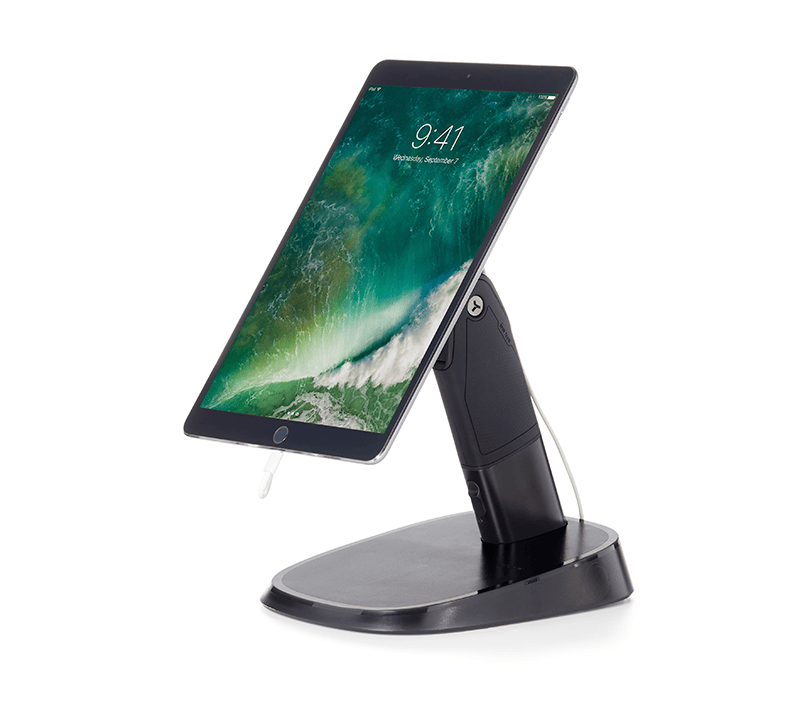 iPad positioned left on black display stand