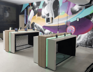 Products on display on green lighted tables