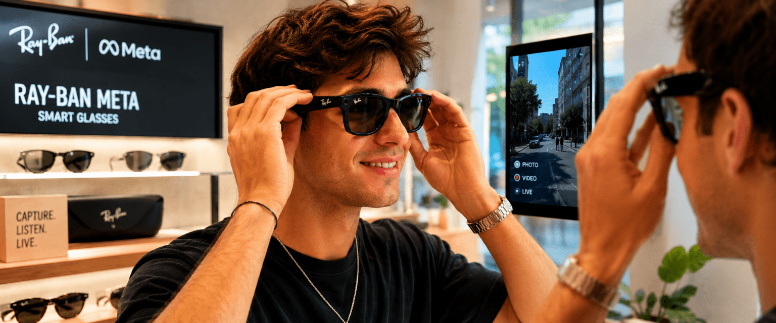 Trying on meta ray ban glasses