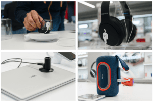 Headphones, earbuds, laptops, small electronics, speakers being secured and displayed by InVue's Zips security solution.