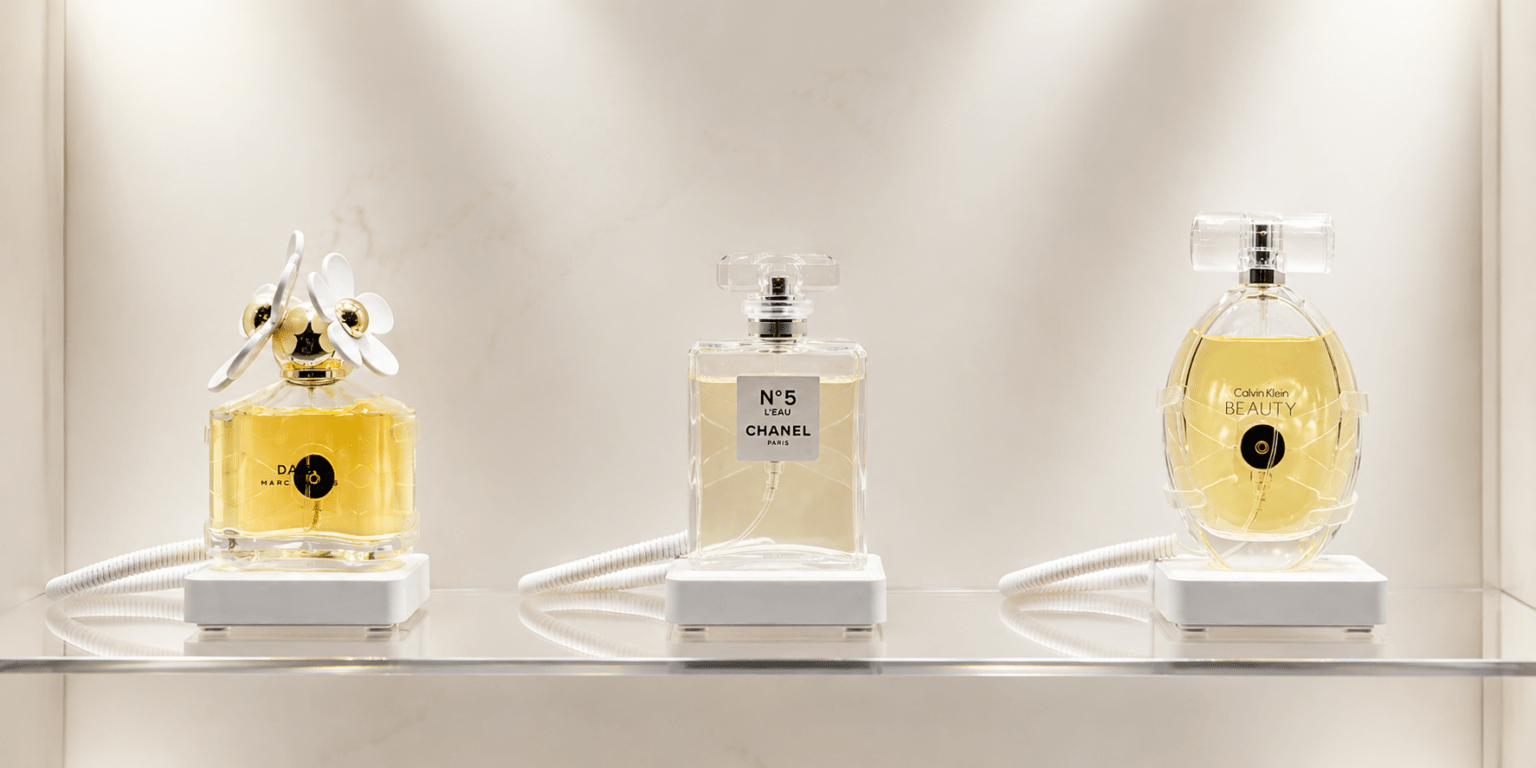 Three fragrance testers secured with clear form-fitting sensors and coiled cables on white bases in a retail display