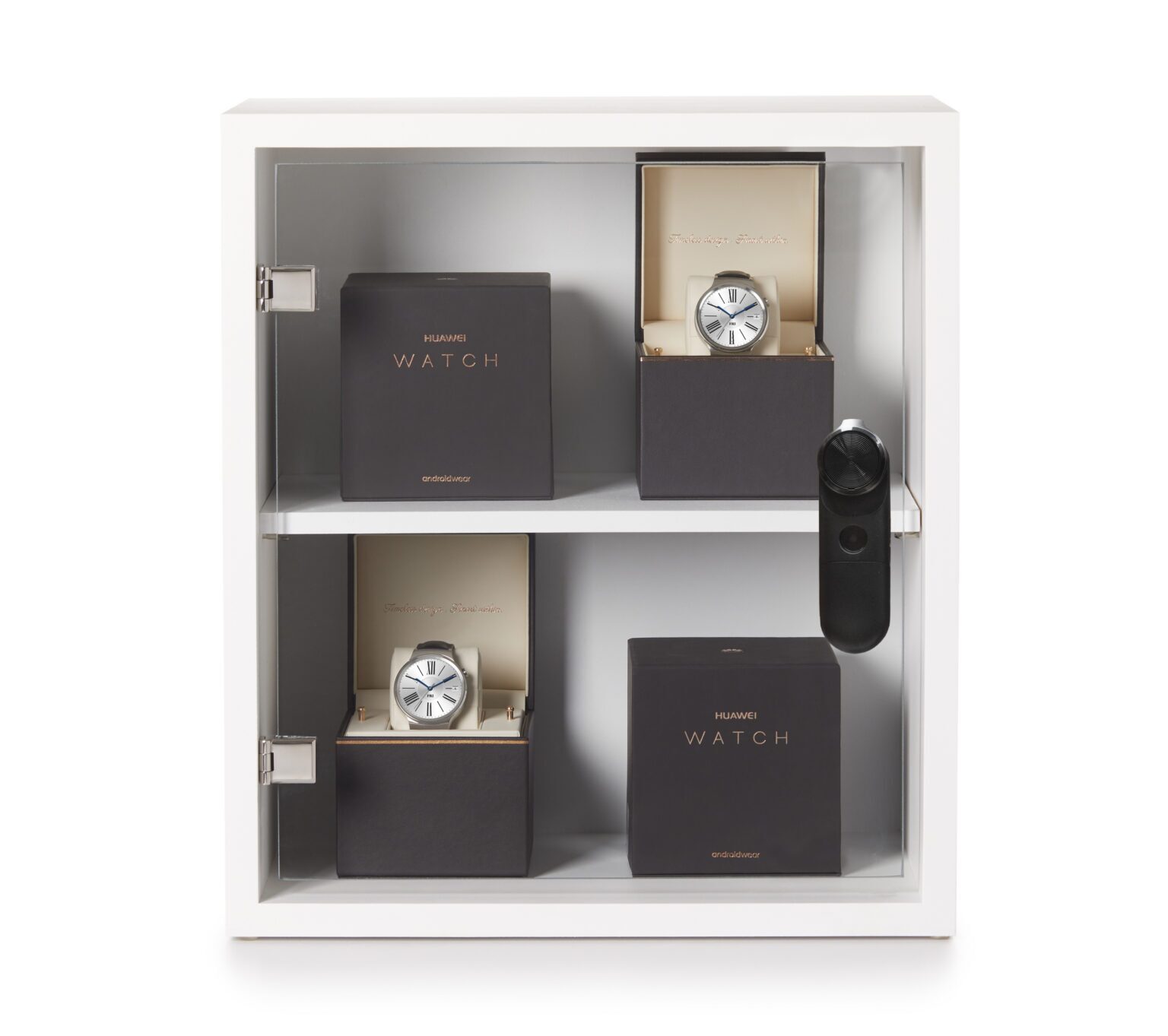 InVue LIVE Cam Lock securing a hinged glass cabinet door on a display case holding smartwatches
