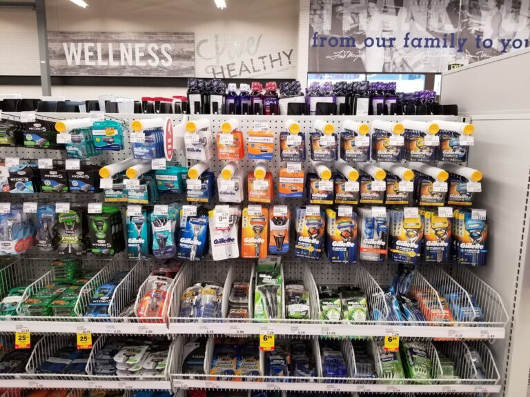 gillette razors and blades hanging from hanging displays with a delay timer to prevent sweep.