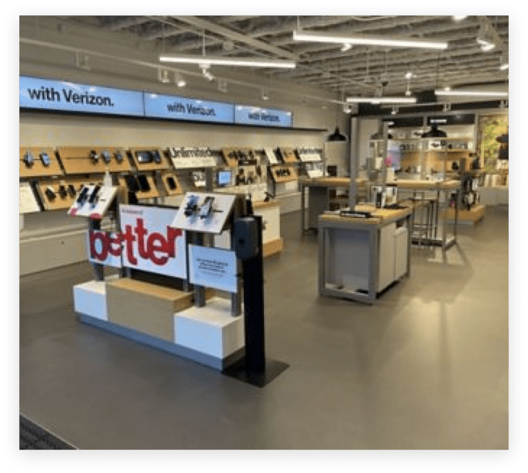 Products set up on a retail floor of a Verizon