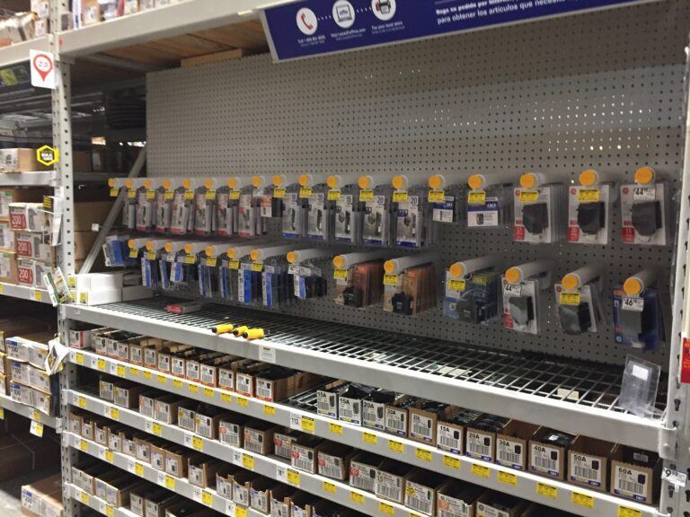 Wall of secure products at a DIY Hardware store