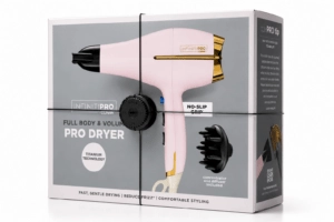 A security device securing a box with a hair dryer.