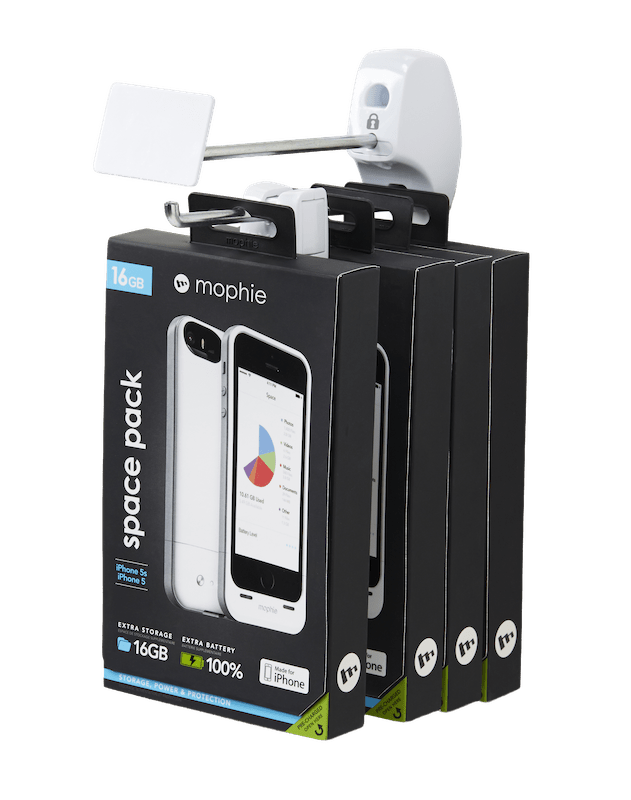 Phone accessory box hanging from an InVue security hook.