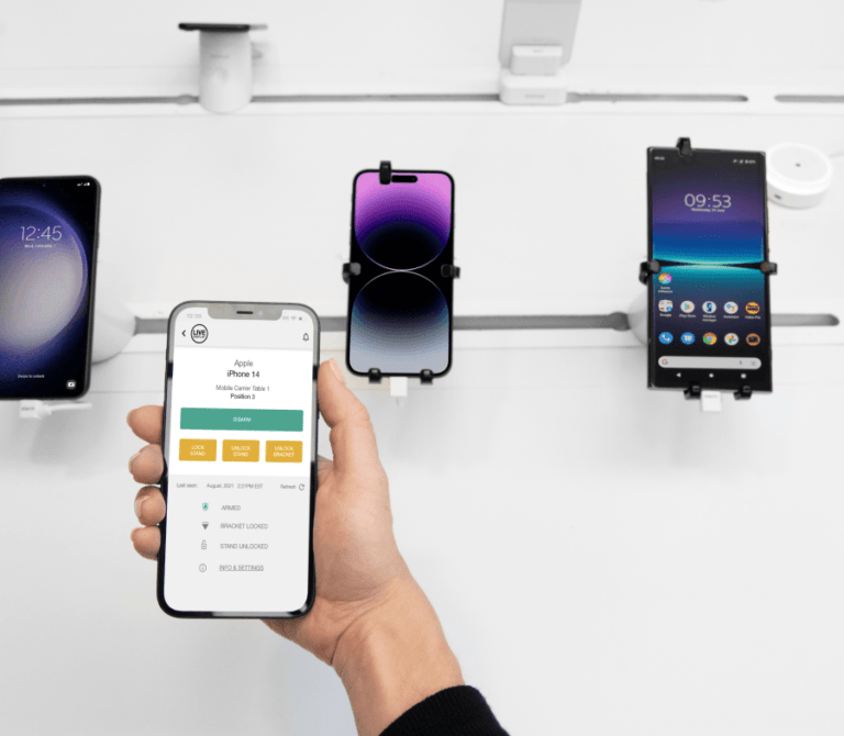 Phones lined up on display with OnePODs