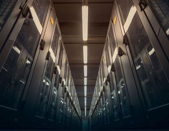 Data center layout with overhead lighting