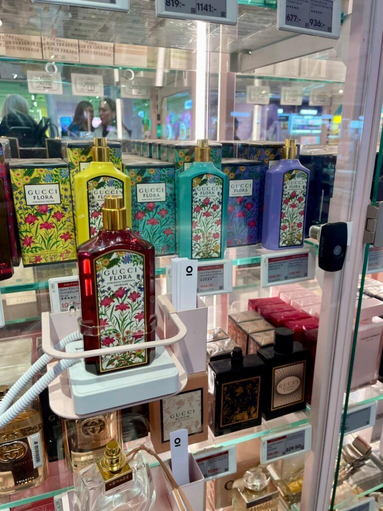 Fragrance tester secured by Zips Podium to prevent theft at a retail store.