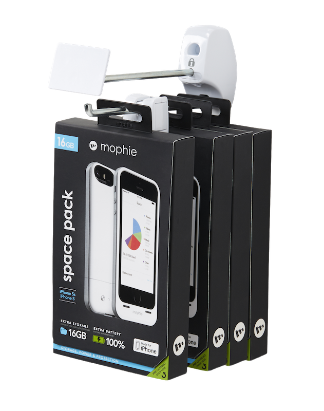 Phone accessory box hanging from an InVue security hook.