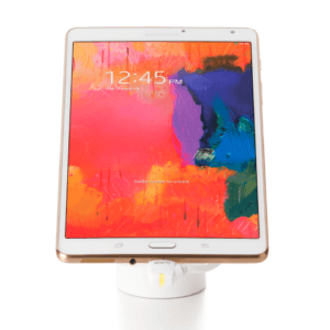 White tablet on white security stand