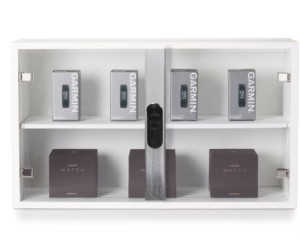 LIVE Plunger Lock on glass cabinets protecting Garmin products