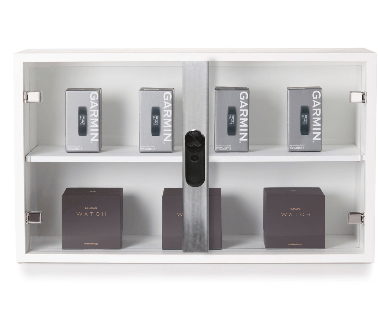 LIVE Plunger Lock on glass cabinets protecting Garmin products