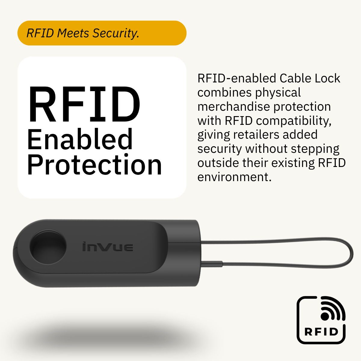 InVue RFID-enabled Cable Lock combining physical merchandise protection with RFID compatibility for RFID-enabled retail environments.