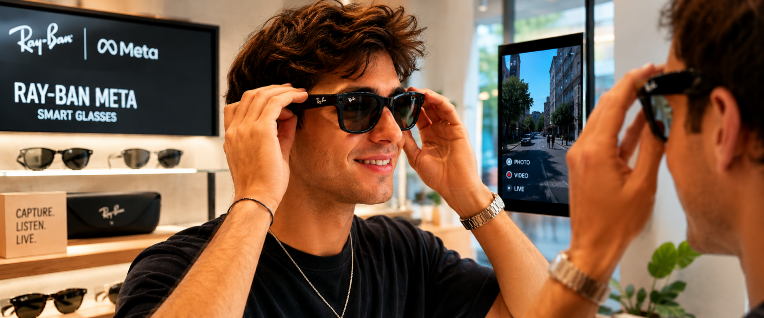 Trying on meta ray ban glasses