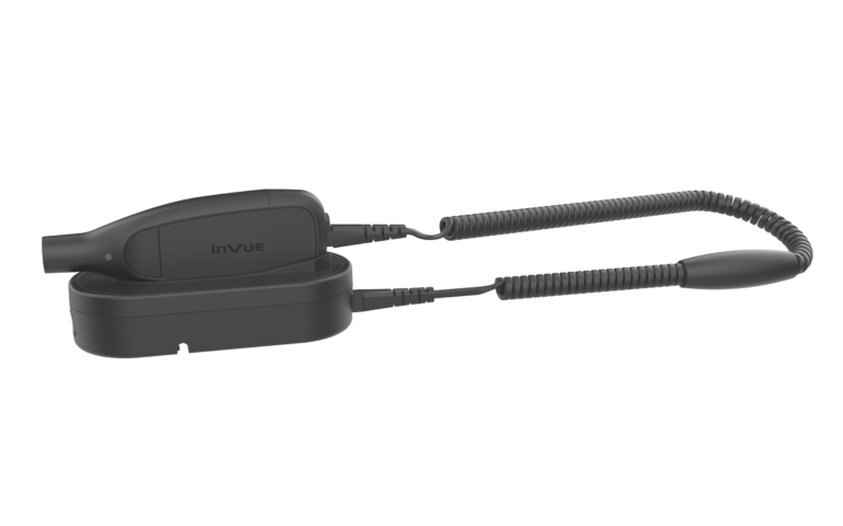 OneKEY Detacher secured in its fixed checkout dock with attached removal cable.
