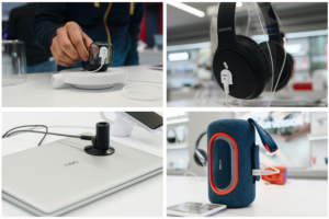 Headphones, earbuds, laptops, small electronics, speakers being secured and displayed by InVue's Zips security solution.