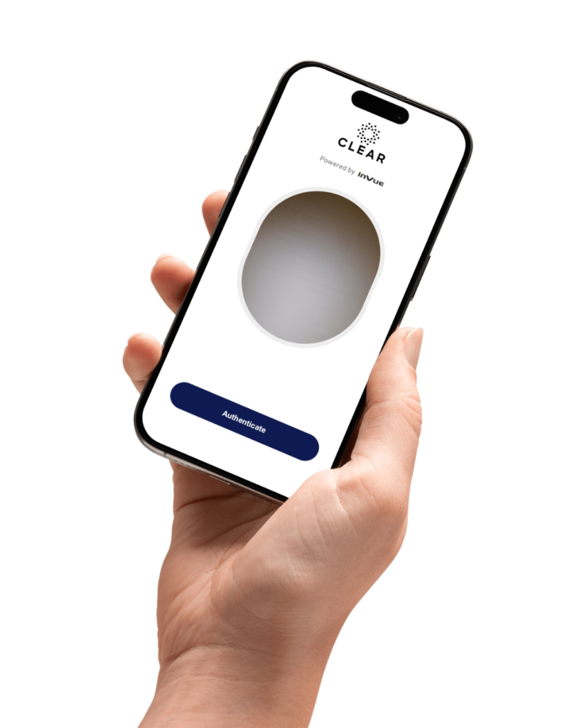 Hand holding a phone showing the CLEAR identity verification screen powered by InVue for Customer Self-Access