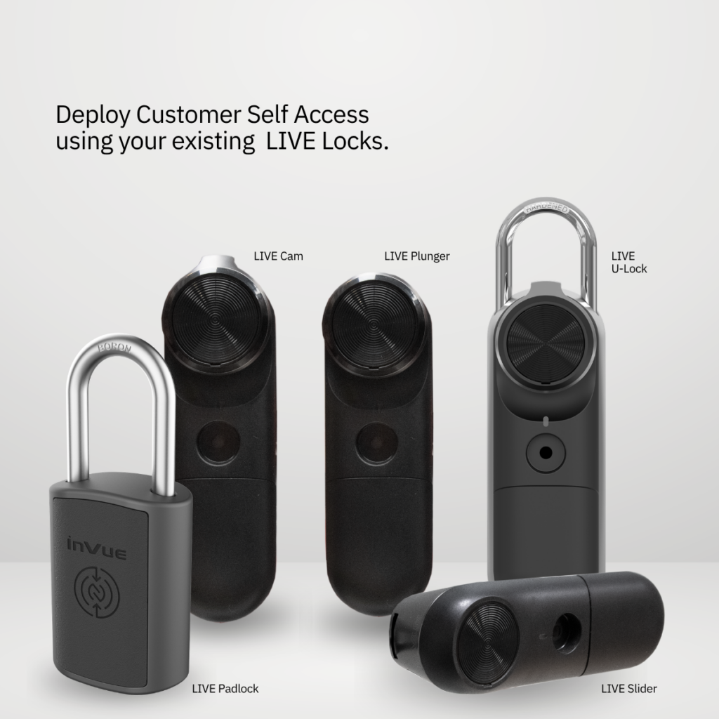 InVue LIVE Lock lineup compatible with Customer Self-Access, including LIVE Cam, LIVE Plunger, LIVE U-Lock, LIVE Padlock, and LIVE Slider